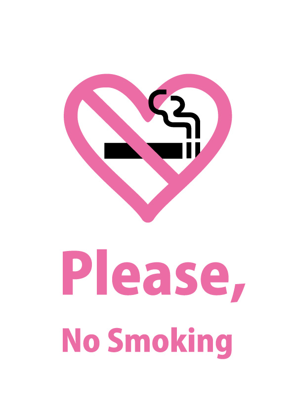 ハート型の禁煙マークと英語で喫煙禁止のお願いする注意貼り紙テンプレート 無料 商用可能 注意書き 張り紙テンプレート ポスター対応